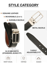 Load image into Gallery viewer, Teakwood Men's Premium Genuine Leather 2-in-1 Reversible Belt | Black &amp; Brown Fine Leather Finish | Silver Linear Edge Pin Buckle | Adjustable 35 mm Dress Belt for Formal, Casual, Office &amp; Business Wear

