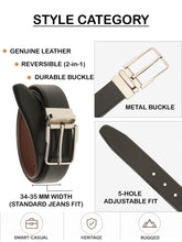 Load image into Gallery viewer, Teakwood Men's Premium Genuine Leather 2-in-1 Reversible Belt | Black &amp; Brown Natural Grain Leather Finish |Silver  Classic Angular Pin Buckle | Adjustable 35 mm Dress Belt for Formal, Casual, Office &amp; Business Wear
