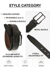 Load image into Gallery viewer, Teakwood Men's Premium Genuine Leather 2-in-1 Reversible Belt | Black &amp; Brown Natural Grain Leather Finish |Matte Black Classic Angular Pin Buckle | Adjustable 35 mm Dress Belt for Formal, Casual, Office &amp; Business Wear

