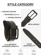 Load image into Gallery viewer, Teakwood Men's Premium Genuine Leather 2-in-1 Reversible Belt | Black &amp; Brown Natural Grain Leather Finish | Matte Black  Classic Edge Pin Buckle | Adjustable 35 mm Dress Belt for Formal, Casual, Office &amp; Business Wear
