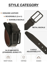 Load image into Gallery viewer, Teakwood Men's Premium Genuine Leather 2-in-1 Reversible Belt | Black &amp; Brown Natural Grain Leather Finish |Matte Black Slim Frame Pin Buckle | Adjustable 35 mm Dress Belt for Formal, Casual, Office &amp; Business Wear
