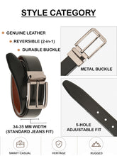 Load image into Gallery viewer, Teakwood Men's Premium Genuine Leather 2-in-1 Reversible Belt | Black &amp; Brown Natural Grain Leather Finish | Nickel Black Classic Edge Pin Buckle | Adjustable 35 mm Dress Belt for Formal, Casual, Office &amp; Business Wear

