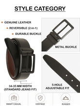 Load image into Gallery viewer, Teakwood Men's Premium Genuine Leather 2-in-1 Reversible Belt | Black &amp; Brown Natural Grain Leather Finish |Matte Black Refined Slim Frame Pin Buckle | Adjustable 35 mm Dress Belt for Formal, Casual, Office &amp; Business Wear
