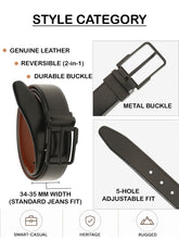 Load image into Gallery viewer, Teakwood Men's Premium Genuine Leather 2-in-1 Reversible Belt | Black &amp; Brown Natural Grain Leather Finish |Matte  black   Classic Angular Pin Buckle | Adjustable 35 mm Dress Belt for Formal, Casual, Office &amp; Business Wear
