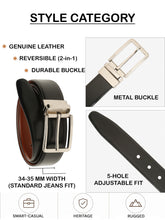 Load image into Gallery viewer, Teakwood Men's Premium Genuine Leather 2-in-1 Reversible Belt | Black &amp; Brown Fine Leather Finish | Silver  Rectangular Pin Buckle | Adjustable 35 mm Dress Belt for Formal, Casual, Office &amp; Business Wear
