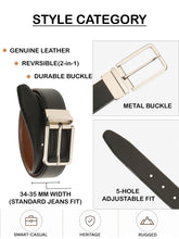 Load image into Gallery viewer, Teakwood Men's Premium Genuine Leather 2-in-1 Reversible Belt | Black &amp; Brown Natural Grain Leather Finish | Silver Slim Frame Pin Buckle | Adjustable 35 mm Dress Belt for Formal, Casual, Office &amp; Business Wear
