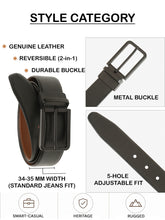 Load image into Gallery viewer, Teakwood Men's Premium Genuine Leather 2-in-1 Reversible Belt | Black &amp; Brown Natural Grain Leather Finish |Matte Black Slim Frame Pin Buckle | Adjustable 35 mm Dress Belt for Formal, Casual, Office &amp; Business Wear
