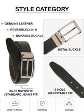 Load image into Gallery viewer, Teakwood Men's Premium Genuine Leather 2-in-1 Reversible Belt | Black &amp; Brown Natural Grain Leather Finish |Nickle Black Linear Pin Buckle | Adjustable 35 mm Dress Belt for Formal, Casual, Office &amp; Business Wear
