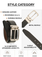 Load image into Gallery viewer, Teakwood Men's Premium Genuine Leather 2-in-1 Reversible Belt | Black &amp; Brown Natural Grain Leather Finish |Silver  Classic Tapered Pin Buckle | Adjustable 35 mm Dress Belt for Formal, Casual, Office &amp; Business Wear
