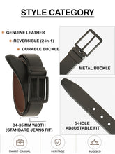 Load image into Gallery viewer, Teakwood Men's Premium Genuine Leather 2-in-1 Reversible Belt | Black &amp; Brown Dual-Sided Natural Grain Leather | Matte Black Rectangular Buckle | 35 mm Adjustable Belt for Formal, Casual &amp; Office Wear
