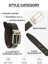 Load image into Gallery viewer, Teakwood Men's Premium Genuine Leather 2-in-1 Reversible Belt | Black &amp; Brown Natural Grain Leather Finish |Silver Radius Pin Buckle | Adjustable 35 mm Dress Belt for Formal, Casual, Office &amp; Business Wear
