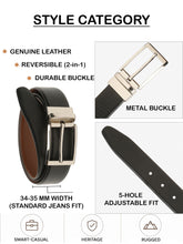Load image into Gallery viewer, Teakwood Men's Premium Genuine Leather 2-in-1 Reversible Belt | Black &amp; Brown Natural Grain Leather Finish / Silver  Classic Tapered Pin Buckle | Adjustable 35 mm Dress Belt for Formal, Casual, Office &amp; Business Wear
