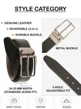 Load image into Gallery viewer, Teakwood Men's Premium Genuine Leather 2-in-1 Reversible Belt | Black &amp; Brown Natural Grain Leather Finish /Nickel black  Classic Angular Pin Buckle | Adjustable 35 mm Dress Belt for Formal, Casual, Office &amp; Business Wear
