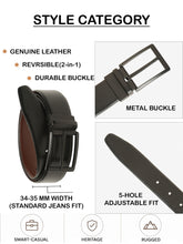 Load image into Gallery viewer, Teakwood Men's Premium Genuine Leather 2-in-1 Reversible Belt | Black &amp; Brown Natural Grain Leather Finish |Matte Black Classic Tapered Pin Buckle | Adjustable 35 mm Dress Belt for Formal, Casual, Office &amp; Business Wear
