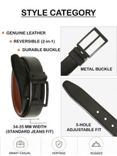 Load image into Gallery viewer, Teakwood Men's Premium Genuine Leather 2-in-1 Reversible Belt | Black &amp; Brown Natural Grain Leather Finish |Matte Black Classic Tapered Pin Buckle | Adjustable 35 mm Dress Belt for Formal, Casual, Office &amp; Business Wear
