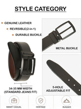 Load image into Gallery viewer, Teakwood Men's Premium Genuine Leather 2-in-1 Reversible Belt | Black &amp; Brown Natural Grain Leather Finish |Matte Black Contour Pin Buckle | Adjustable 35 mm Dress Belt for Formal, Casual, Office &amp; Business Wear
