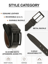 Load image into Gallery viewer, Teakwood Men's Premium Genuine Leather 2-in-1 Reversible Belt | Black &amp; Brown Natural Grain Leather Finish |Matte Black Classic Tapered Pin Buckle | Adjustable 35 mm Dress Belt for Formal, Casual, Office &amp; Business Wear
