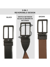 Load image into Gallery viewer, Teakwood Men's Premium Genuine Leather 2-in-1 Reversible Belt | Black &amp; Brown Pebble Grain Leather Finish | Matte Black Linear Pin Buckle | Adjustable 35 mm Dress Belt for Formal, Casual, Office &amp; Business Wear
