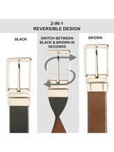 Load image into Gallery viewer, Teakwood Men's Premium Genuine Leather 2-in-1 Reversible Belt | Black &amp; Brown Pebble Grain Leather Finish | Silver Refined Slim Frame Pin Buckle | Adjustable 35 mm Dress Belt for Formal, Casual, Office &amp; Business Wear
