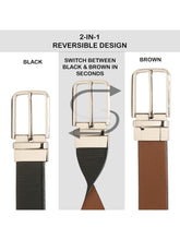 Load image into Gallery viewer, Teakwood Men's Premium Genuine Leather 2-in-1 Reversible Belt | Black &amp; Brown Crosshatch Textured Finish | Silver Radius Pin Buckle | Adjustable 35 mm Dress Belt for Formal, Casual, Office &amp; Business Wear
