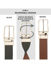 Load image into Gallery viewer, Teakwood Men's Premium Genuine Leather 2-in-1 Reversible Belt | Black &amp; Brown Natural Grain Leather Finish |Silver  Classic Angular Pin Buckle | Adjustable 35 mm Dress Belt for Formal, Casual, Office &amp; Business Wear
