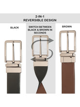 Load image into Gallery viewer, Teakwood Men's Premium Genuine Leather 2-in-1 Reversible Belt | Black &amp; Brown Dual-Sided Natural Grain Leather | Nickel  Black Rectangular Buckle | 35 mm Adjustable Belt for Formal, Casual &amp; Office Wear
