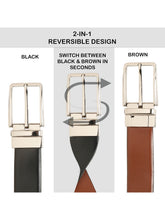 Load image into Gallery viewer, Teakwood Men's Premium Genuine Leather 2-in-1 Reversible Belt | Black &amp; Brown Fine Leather Finish | Silver Linear Edge Pin Buckle | Adjustable 35 mm Dress Belt for Formal, Casual, Office &amp; Business Wear
