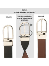 Load image into Gallery viewer, Teakwood Men's Premium Genuine Leather 2-in-1 Reversible Belt | Black &amp; Brown Crosshatch Textured Leather | Silver  Black Rectangular Pin Buckle | Adjustable 35 mm Dress Belt for Formal, Casual, Office &amp; Business Wear
