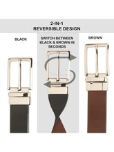 Load image into Gallery viewer, Teakwood Men's Premium Genuine Leather 2-in-1 Reversible Belt | Black &amp; Brown Natural Grain Leather Finish |Silver Linear Pin Buckle | Adjustable 35 mm Dress Belt for Formal, Casual, Office &amp; Business Wear

