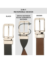 Load image into Gallery viewer, Teakwood Men's Premium Genuine Leather 2-in-1 Reversible Belt | Black &amp; Brown Natural Grain Leather Finish |Silver  Classic Tapered Pin Buckle | Adjustable 35 mm Dress Belt for Formal, Casual, Office &amp; Business Wear
