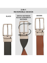 Load image into Gallery viewer, Teakwood Men's Premium Genuine Leather 2-in-1 Reversible Belt | Black &amp; Brown Fine Leather Finish |Nickle Black Linear Edge Pin Buckle | Adjustable 35 mm Dress Belt for Formal, Casual, Office &amp; Business Wear
