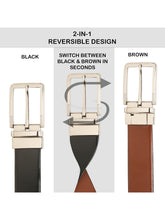 Load image into Gallery viewer, Teakwood Men's Premium Genuine Leather 2-in-1 Reversible Belt | Black &amp; Brown Fine Leather Finish | Silver  Rectangular Pin Buckle | Adjustable 35 mm Dress Belt for Formal, Casual, Office &amp; Business Wear

