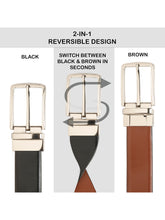 Load image into Gallery viewer, Teakwood Men's Premium Genuine Leather 2-in-1 Reversible Belt | Black &amp; Brown Fine Leather Finish | Silver Vector Pin Buckle | Adjustable 35 mm Dress Belt for Formal, Casual, Office &amp; Business Wear
