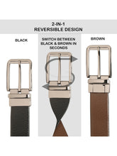 Load image into Gallery viewer, Teakwood Men's Premium Genuine Leather 2-in-1 Reversible Belt | Black &amp; Brown Natural Grain Leather Finish | Nickel Black Classic Edge Pin Buckle | Adjustable 35 mm Dress Belt for Formal, Casual, Office &amp; Business Wear
