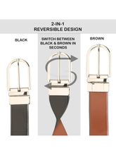 Load image into Gallery viewer, Teakwood Men's Premium Genuine Leather 2-in-1 Reversible Belt | Black &amp; Brown Crosshatch Textured Leather | Silver  Rectangular Pin Buckle | Adjustable 35 mm Dress Belt for Formal, Casual, Office &amp; Business Wear
