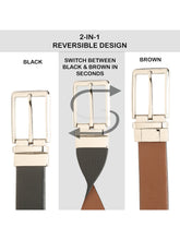 Load image into Gallery viewer, Teakwood Men's Premium Genuine Leather 2-in-1 Reversible Belt | Black &amp; Brown Crosshatch Textured Finish /Silver  Refined Slim Frame Pin Buckle | Adjustable 35 mm Dress Belt for Formal, Casual, Office &amp; Business Wear
