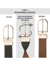 Load image into Gallery viewer, Teakwood Men's Premium Genuine Leather 2-in-1 Reversible Belt | Black &amp; Brown Crosshatch Textured Leather | Silver  Rectangular Pin Buckle | Adjustable 35 mm Dress Belt for Formal, Casual, Office &amp; Business Wear
