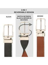 Load image into Gallery viewer, Teakwood Men's Premium Genuine Leather 2-in-1 Reversible Belt | Black &amp; Brown Natural Grain Leather Finish /Silver  Classic Angular Pin Buckle | Adjustable 35 mm Dress Belt for Formal, Casual, Office &amp; Business Wear
