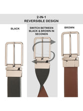 Load image into Gallery viewer, Teakwood Men's Premium Genuine Leather 2-in-1 Reversible Belt | Black &amp; Brown Natural Grain Leather Finish |Nickle Black Slim Frame Pin Buckle | Adjustable 35 mm Dress Belt for Formal, Casual, Office &amp; Business Wear
