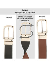 Load image into Gallery viewer, Teakwood Men's Premium Genuine Leather 2-in-1 Reversible Belt | Black &amp; Brown Natural Grain Leather Finish |Silver Classic Curved Pin Buckle | Adjustable 35 mm Dress Belt for Formal, Casual, Office &amp; Business Wear
