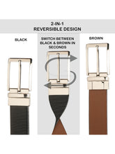 Load image into Gallery viewer, Teakwood Men's Premium Genuine Leather 2-in-1 Reversible Belt | Black &amp; Brown Natural Grain Leather Finish / Silver  Classic Tapered Pin Buckle | Adjustable 35 mm Dress Belt for Formal, Casual, Office &amp; Business Wear
