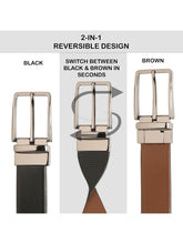 Load image into Gallery viewer, Teakwood Men's Premium Genuine Leather 2-in-1 Reversible Belt | Black &amp; Brown Crosshatch Textured Finish | Nickle Black Linear Edge Pin Buckle | Adjustable 35 mm Dress Belt for Formal, Casual, Office &amp; Business Wear
