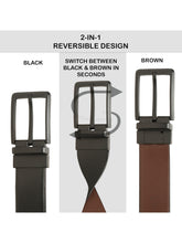 Load image into Gallery viewer, Teakwood Men's Premium Genuine Leather 2-in-1 Reversible Belt | Black &amp; Brown Natural Grain Leather Finish |Matte Black Refined Slim Frame Pin Buckle | Adjustable 35 mm Dress Belt for Formal, Casual, Office &amp; Business Wear
