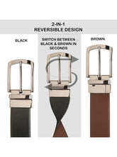 Load image into Gallery viewer, Teakwood Men's Premium Genuine Leather 2-in-1 Reversible Belt | Black &amp; Brown Natural Grain Leather Finish |Nickel Black Classic Tapered Pin Buckle | Adjustable 35 mm Dress Belt for Formal, Casual, Office &amp; Business Wear

