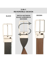 Load image into Gallery viewer, Teakwood Men's Premium Genuine Leather 2-in-1 Reversible Belt | Black &amp; Brown Natural Grain Leather Finish | Silver  Slim Frame Pin Buckle | Adjustable 35 mm Dress Belt for Formal, Casual, Office &amp; Business Wear
