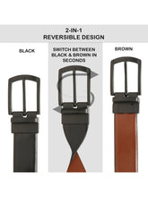 Load image into Gallery viewer, Teakwood Men's Premium Genuine Leather 2-in-1 Reversible Belt | Black &amp; Brown Crosshatch Textured Finish | Matte Black Classic Curved Pin Buckle | Adjustable 35 mm Dress Belt for Formal, Casual, Office &amp; Business Wear
