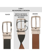 Load image into Gallery viewer, Teakwood Men's Premium Genuine Leather 2-in-1 Reversible Belt | Black &amp; Brown Crosshatch Textured Finish | Nickle Black Contour Pin Buckle | Adjustable 35 mm Dress Belt for Formal, Casual, Office &amp; Business Wear
