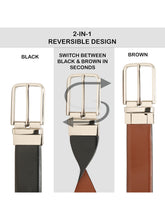 Load image into Gallery viewer, Teakwood Men's Premium Genuine Leather 2-in-1 Reversible Belt | Black &amp; Brown Fine Leather Finish | Silver Radius Pin Buckle | Adjustable 35 mm Dress Belt for Formal, Casual, Office &amp; Business Wear
