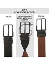 Load image into Gallery viewer, Teakwood Men's Premium Genuine Leather 2-in-1 Reversible Belt | Black &amp; Brown Natural Grain Leather Finish |Matte Black Classic Angular Pin Buckle | Adjustable 35 mm Dress Belt for Formal, Casual, Office &amp; Business Wear
