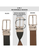 Load image into Gallery viewer, Teakwood Men's Premium Genuine Leather 2-in-1 Reversible Belt | Black &amp; Brown Pebble Grain Leather Finish | Nickel Black Linear Edge Pin Buckle | Adjustable 35 mm Dress Belt for Formal, Casual, Office &amp; Business Wear
